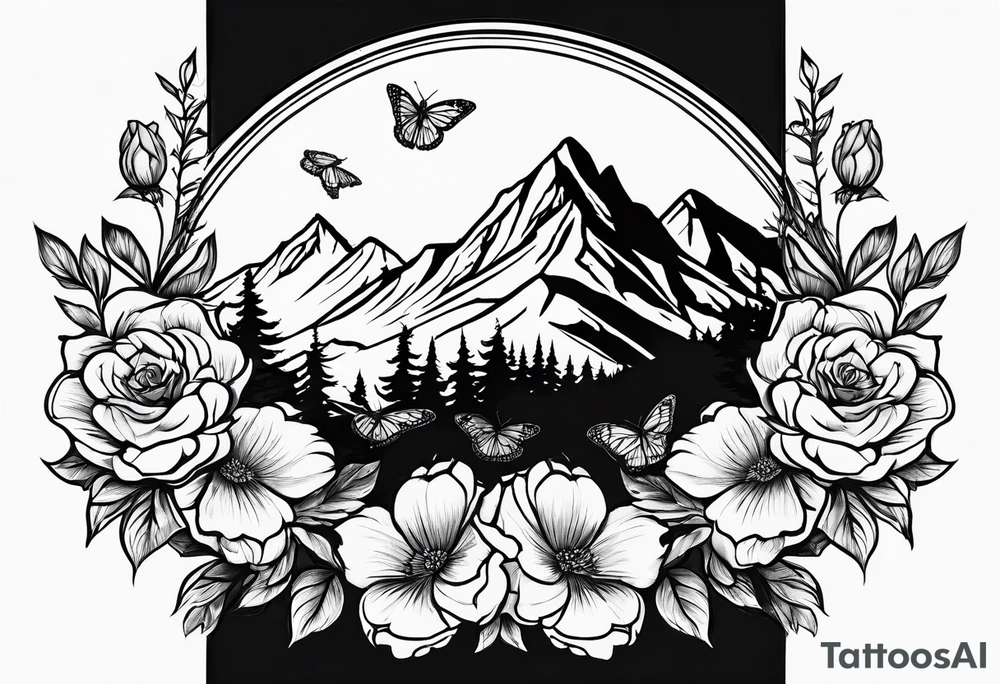 Rocky mountain peak with mountain blue birds and monarch butterflies with wild prairie roses for a half sleeve tattoo idea