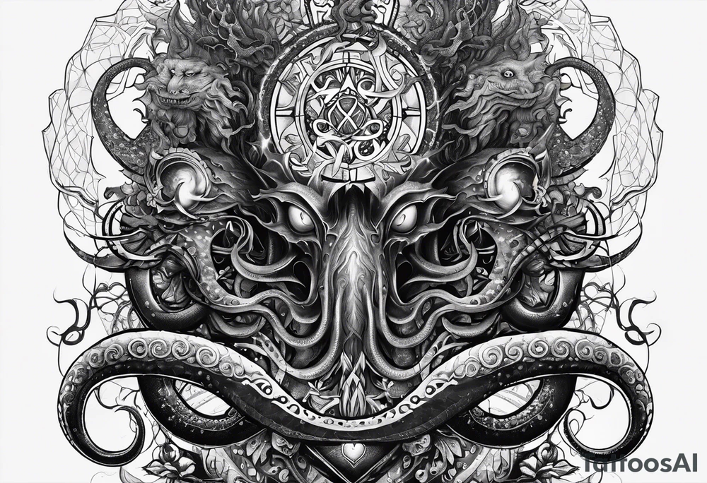 Long tattoo for forearm. Lovecraftian creature, with technological elements. Tentacles protect a heart. tattoo idea