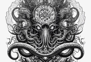Long tattoo for forearm. Lovecraftian creature, with technological elements. Tentacles protect a heart. tattoo idea