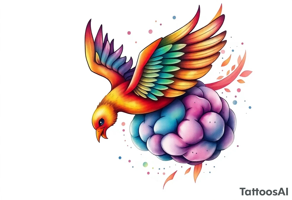 Colorful phoenix flying out of a brain with 3-16-24 tattoo idea