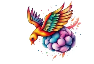 Colorful phoenix flying out of a brain with 3-16-24 tattoo idea