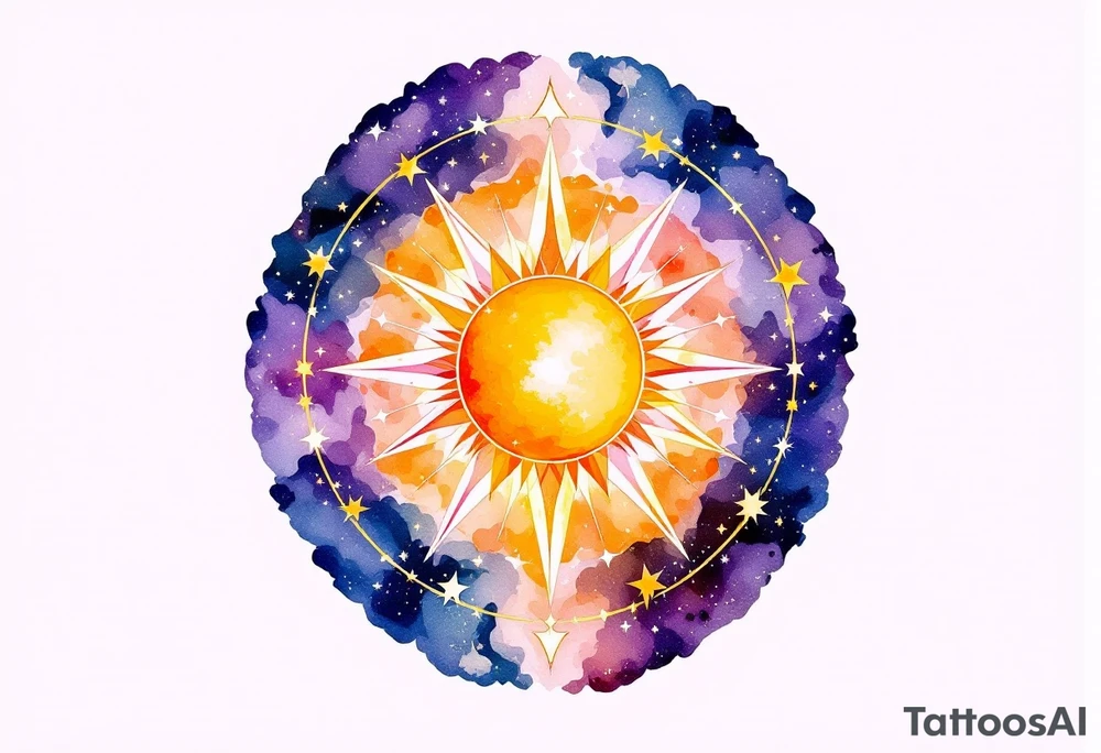 A circular design featuring the Sagittarius zodiac sign in the center, surrounded by a sun in golden yellow and star clusters in soft white. The background has a gradient of purple to dark blue, symbolizing Sagittarius' connection to both the sun and stars, representing enlightenment and wisdom. tattoo idea