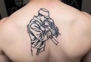 Linear tattoo for a military wife. Ukrainian soldier hugging a girl tattoo idea