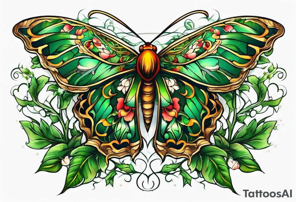 Moth flying around and winding long green branches and vines tattoo idea