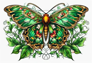 Moth flying around and winding long green branches and vines tattoo idea