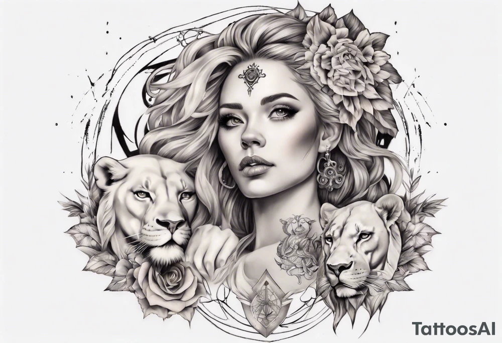 godess tattoo that is mixed together with a lion tattoo idea