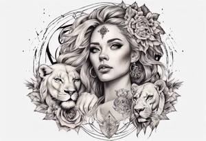godess tattoo that is mixed together with a lion tattoo idea