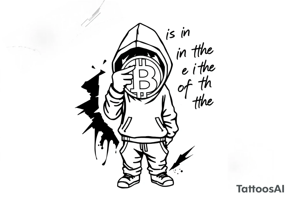 Create a custom tattoo stencil Use a street-art / pop-art vibe with a cartoon figure holding a bitcoin to cover his eyes have bold lines, “x” for eyes. make them have on a hoodie and jogger sweatpants have in the background in graffiti letters “bitcoin is in the eye of the beholder” tattoo idea