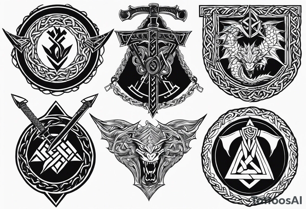 Valhalla sword shield dragon axe Valknut barbed wire chains tattoo idea Valhalla sword shield dragon axe Valknut barbed wire chains tattoo idea