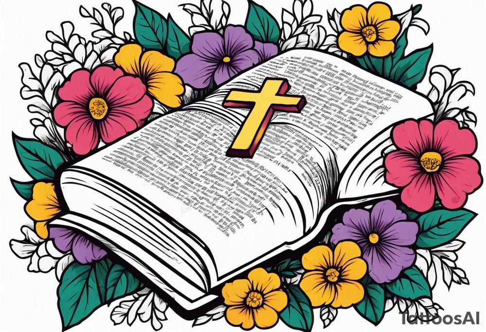 front of bible with cross on bible surrounded by flowers
colorful bold colors tattoo idea