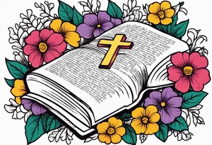 front of bible with cross on bible surrounded by flowers
colorful bold colors tattoo idea