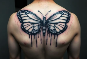 powerful majestic and dark monarch butterfly with skull detail in the wings
hidden skulls in wings, with a dripping effect, including some blue and red highlights tattoo idea