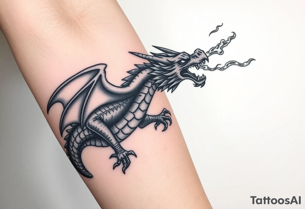 fierce dragon breathing iridescent fire against stormy skies tattoo idea