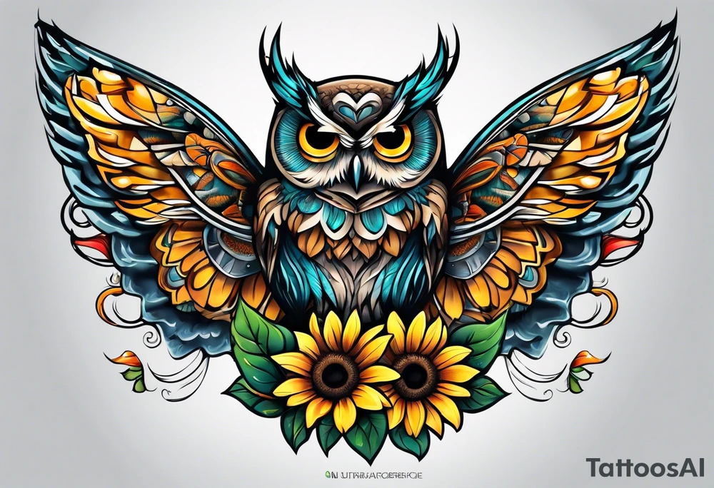 Small owl with butterfly and sunflower leg sleeve tattoo idea