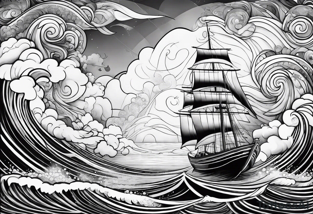 Hula girl on a sailboat with waves and clouds tattoo idea