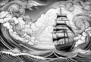 Hula girl on a sailboat with waves and clouds tattoo idea