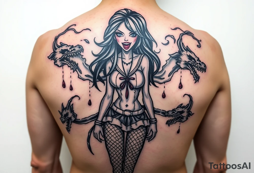beautiful vampire woman with bloody mouth dressed in short skirt and sailors top with fishnet leggings and arms, surrounded by swirling smoke and blood that forms dragon head shapes tattoo idea