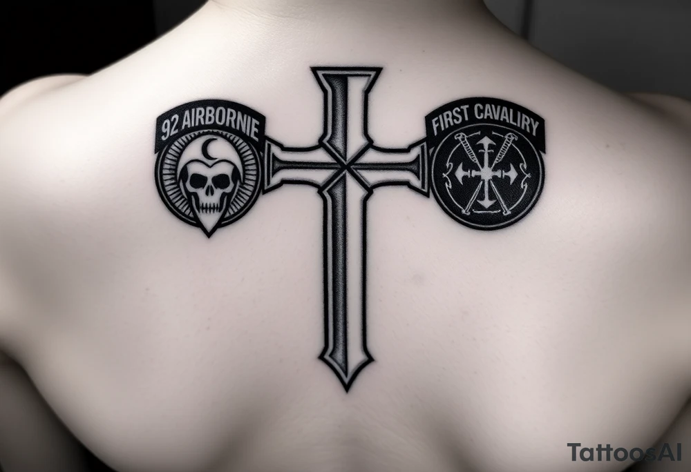 of soldiers battle 
cross with 82nd airborne division and first cavalry division unit patches tribute
 to your dad tattoo idea