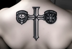 of soldiers battle 
cross with 82nd airborne division and first cavalry division unit patches tribute
 to your dad tattoo idea