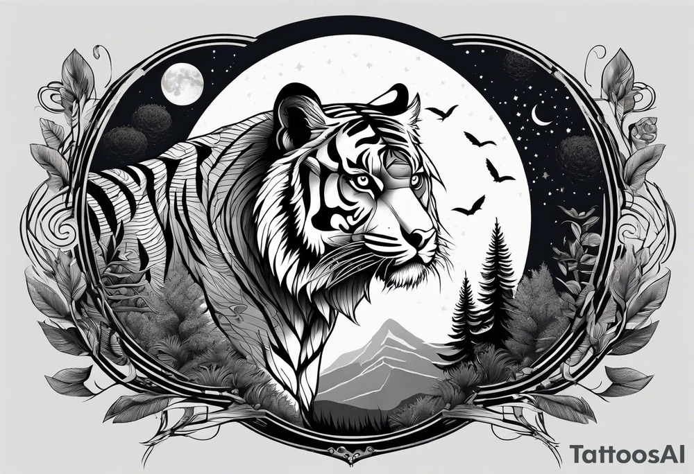 Tiger hunting a flying owl underneath a full moon in a forest tattoo idea