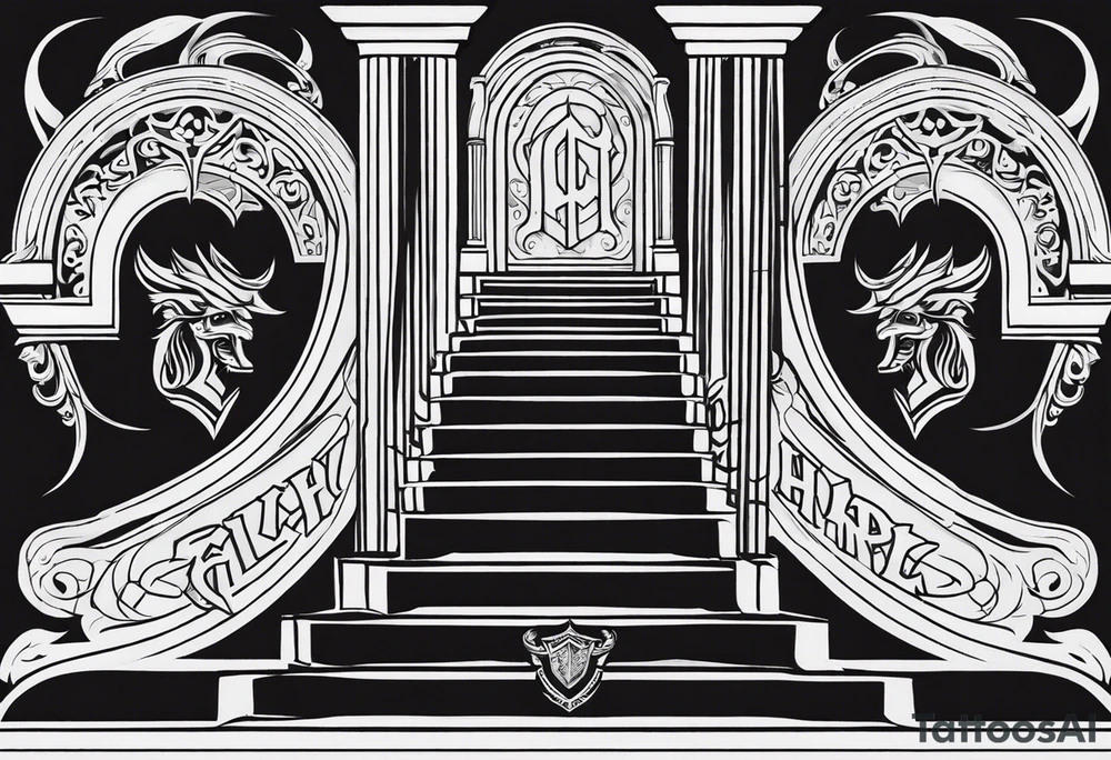 Valhalla fire sword shield stairs tattoo idea