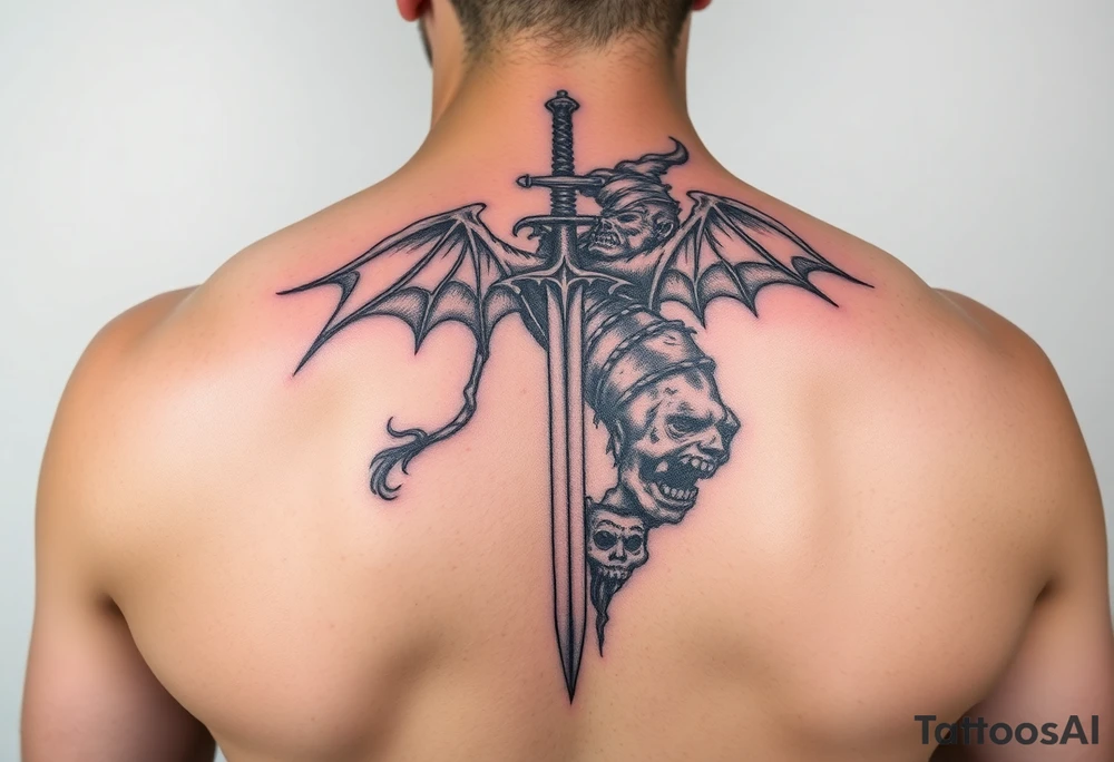 Fear god on left side only with the pain I’ve been feeling does not compare to the joy that’s coming down spine with a little sword at top tattoo idea