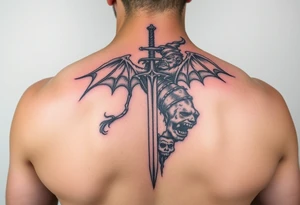 Fear god on left side only with the pain I’ve been feeling does not compare to the joy that’s coming down spine with a little sword at top tattoo idea