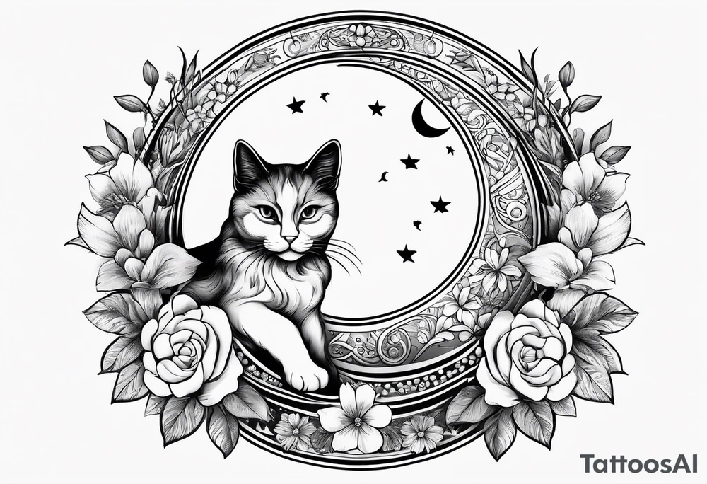 2 cats in laid crescent moon with flowers and paw prints tattoo idea
