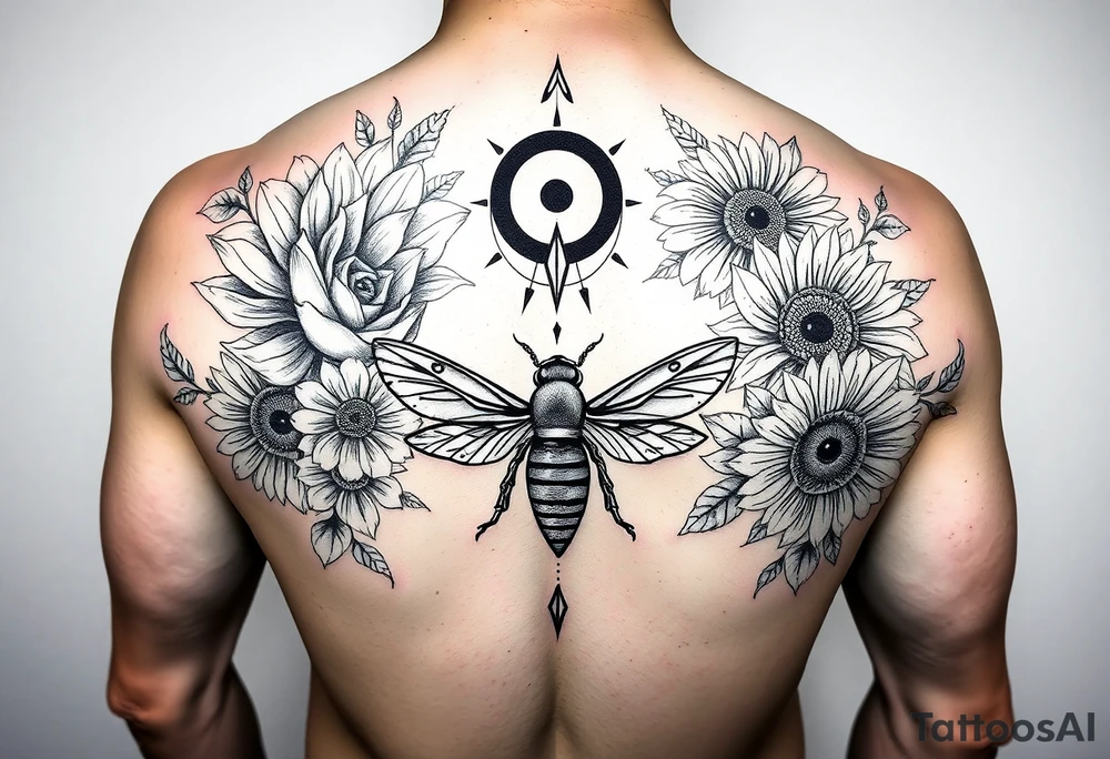 Create a design full sleeve tattoos with Tulip 
Sunflower 
Roses 
Bee 
Water 
Fire 
Earth 
Wind 
Phoenix 
Evil eye 
888 tattoo idea