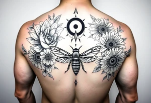 Create a design full sleeve tattoos with Tulip 
Sunflower 
Roses 
Bee 
Water 
Fire 
Earth 
Wind 
Phoenix 
Evil eye 
888 tattoo idea