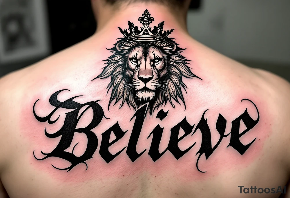 A bold "Believe" in deep crimson, with a crowned lion above it, representing strength and courage in one’s beliefs. tattoo idea