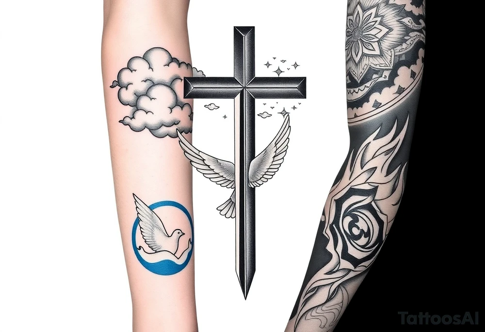 Big cross with clouds in the back everywhere  with a dove a the bottom left of the forearm with a blue circle ring it and the number 4 to the of the dove with whole tattoo covering the whole forearm and add fire tattoo idea