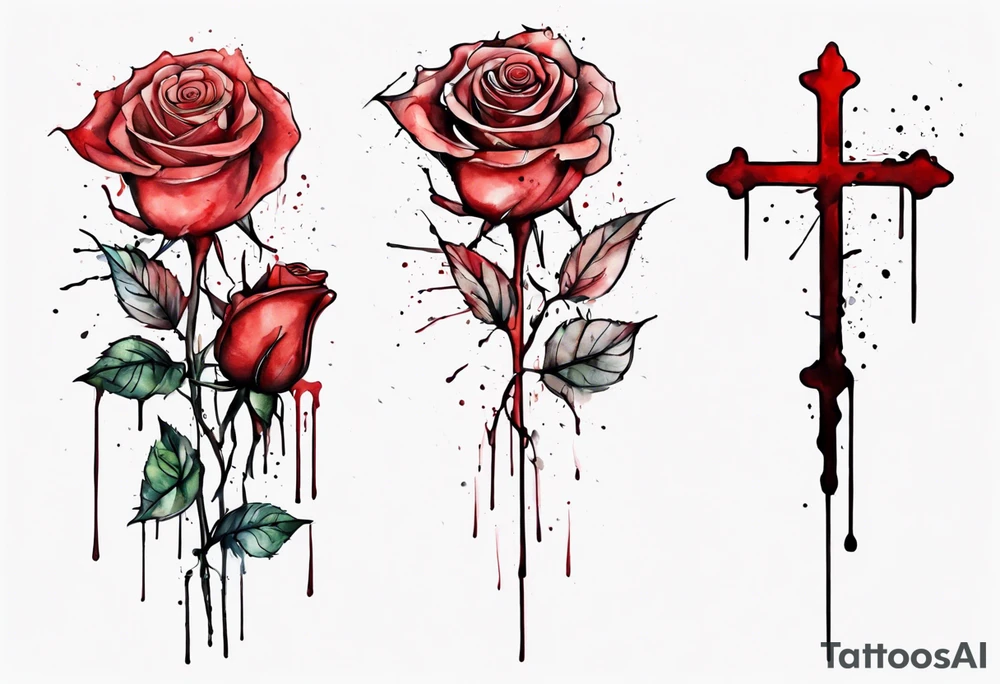 rose flower, one line, red blood dripping from the flower, tall, watercolor, with a Christian cross hidden in the stem tattoo idea