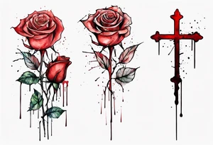 rose flower, one line, red blood dripping from the flower, tall, watercolor, with a Christian cross hidden in the stem tattoo idea