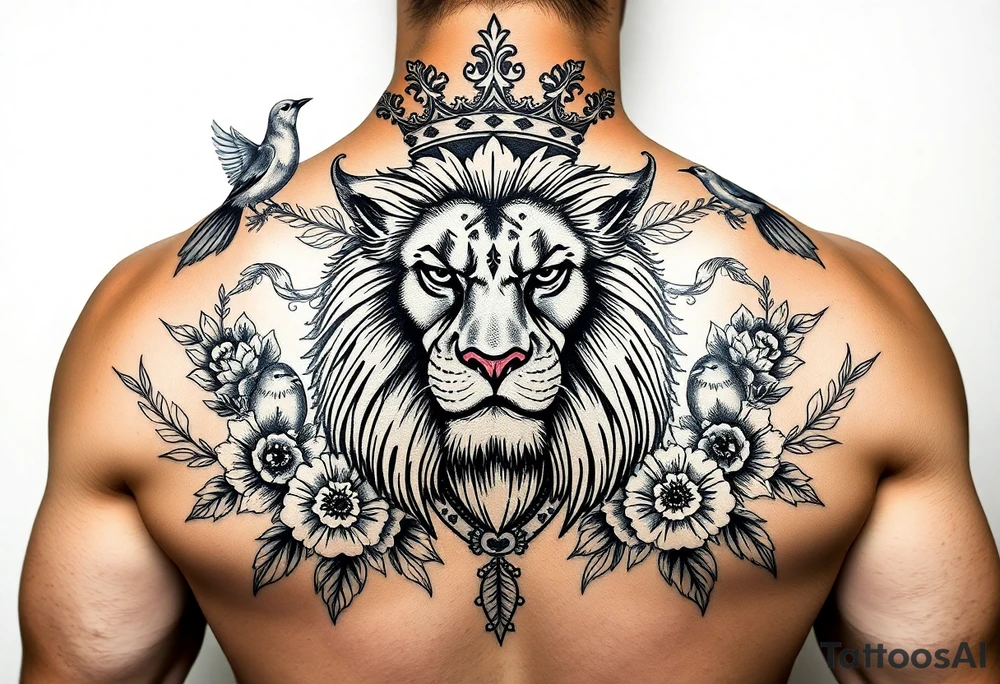 powerful majestic lion with a crown, surrounded by floral ornaments and birds tattoo idea