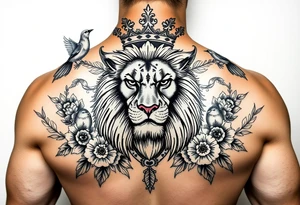 powerful majestic lion with a crown, surrounded by floral ornaments and birds tattoo idea