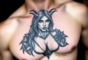 Feminine Tattoo dark female warrior with realistic horns just barley touching collarbone with a lot of shading tattoo idea