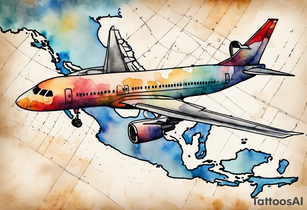 Map US to europe with one tiny jet plane showing intercontinental flight path. Watercolor with spilled watercolor look abstract, antiqued tattoo idea