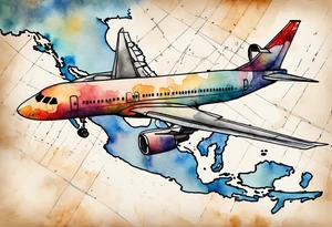 Map US to europe with one tiny jet plane showing intercontinental flight path. Watercolor with spilled watercolor look abstract, antiqued tattoo idea