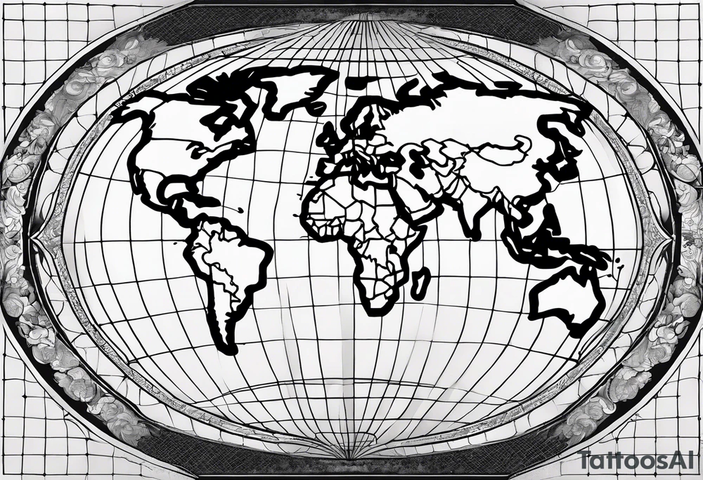 the earth on a flat map with light fading shading placed on a grid with only the lines with accurate depictions of the borders in countries while having it in an oval/circular position tattoo idea