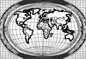 the earth on a flat map with light fading shading placed on a grid with only the lines with accurate depictions of the borders in countries while having it in an oval/circular position tattoo idea