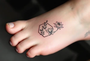 Leo sign, larkspur and water lily surrounded by a hexagon tattoo idea