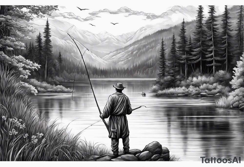 angel with halo fishing in on a lake bank tattoo idea