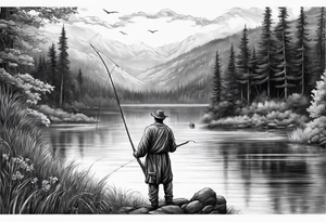 angel with halo fishing in on a lake bank tattoo idea