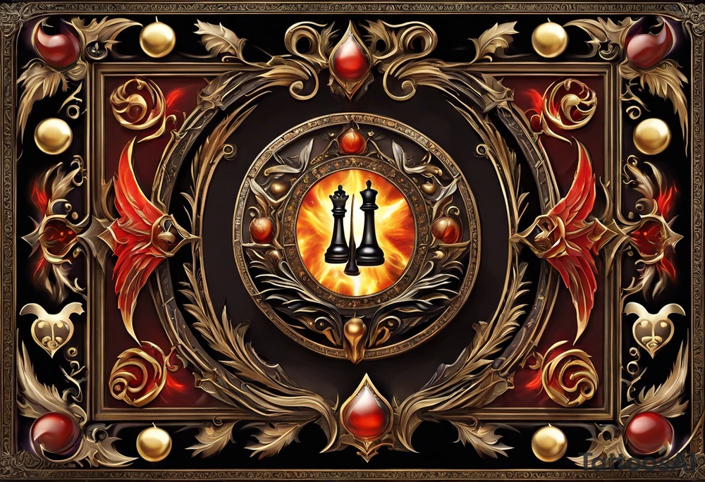 Create a visually stunning chessboard with celestial and infernal themes on opposite sides. Use radiant symbols like halos, feathers, and angelic wings for the celestial side, and incorporate flames, tails, and demonic horns for the infernal side.

Chess Pieces: Design the chess pieces as intricate representations of angels and demons. The angelic pieces could be elegant and ethereal, while the demonic pieces might have a more menacing and fierce appearance.

Details: Add small details to each square on the chessboard, such as heavenly clouds on the angelic side and swirling flames on the demonic side. This intricate detailing enhances the overall visual appeal.

Interaction: Show the chess pieces in mid-motion, suggesting a dynamic and ongoing struggle between the forces. The interaction between the pieces can convey the intensity of the eternal game. tattoo idea