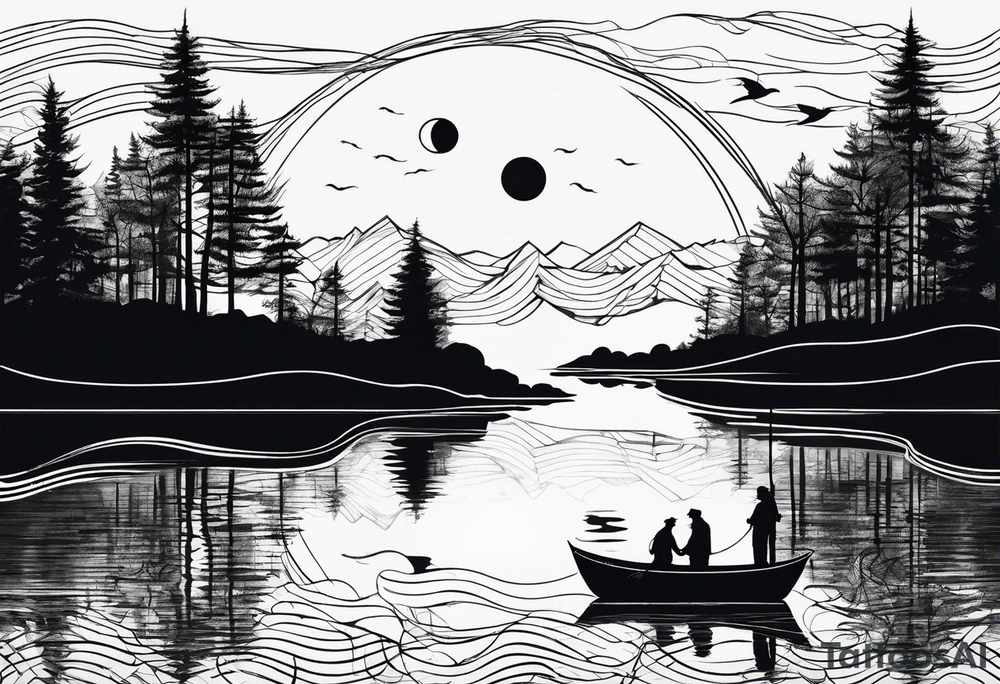 silhouette of landscape and fishingpole and line tattoo idea