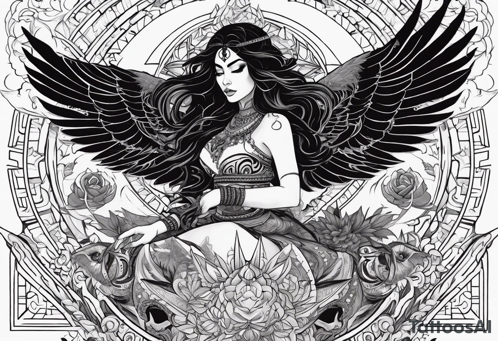 black kali, goddess pirate, alien, angel, pachamama, valkrye, warrior, flying, skull, lotus azul, wing, eagle, zenza resonance, stars, 5D, anahata chakra, death, durga, riding on a tiger, flying lady tattoo idea
