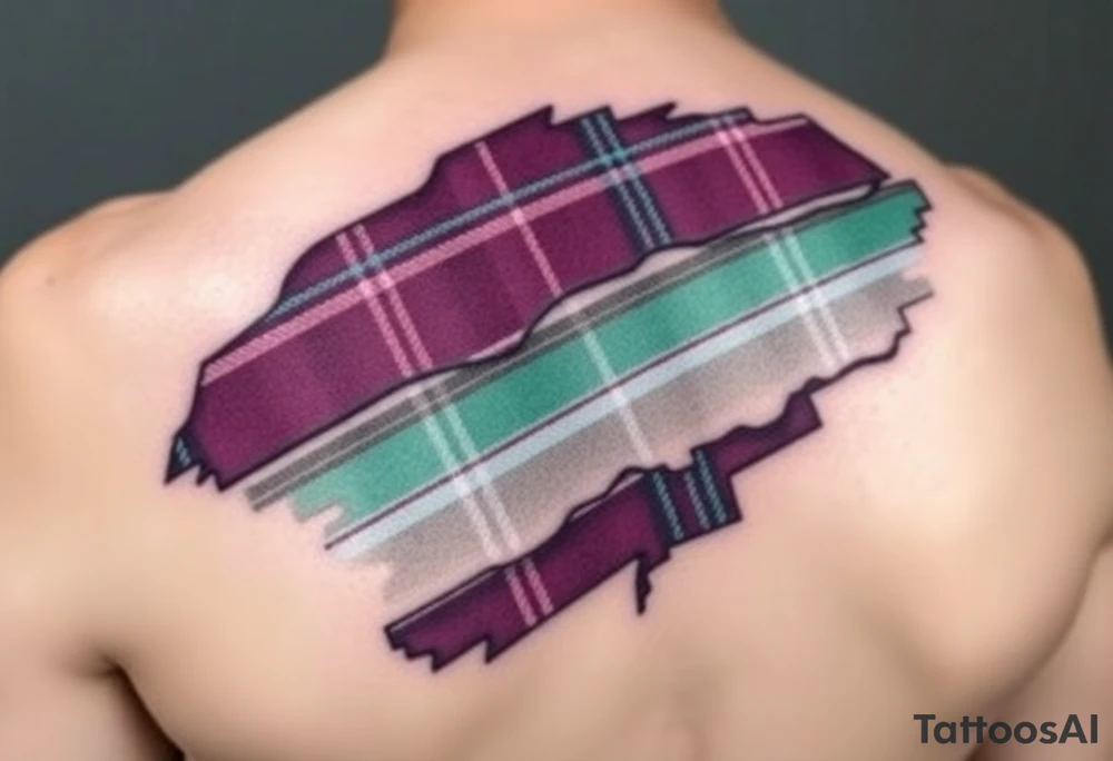 Dark Purple with green pink blue and white highlights tartan fabric with flesh peeling away at edges around shoulder tattoo idea