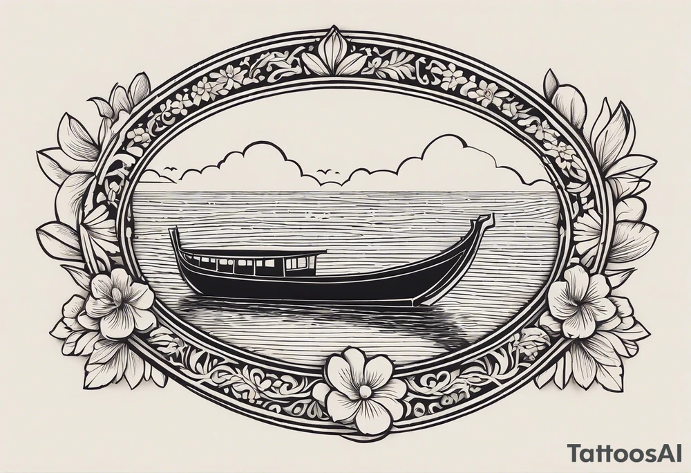 Create an oval-shaped frame with the text “Honeymoon” written in Thai inside the oval. At the center of the oval, place a traditional Thai long-tail boat decorated with flowers at its bow, as is customary. The boat should be floating on open water with gentle waves, and beneath the boat, include a swimming turtle. tattoo idea