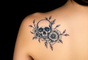 skull slightly facing left, surrounded by floral ornaments tattoo idea